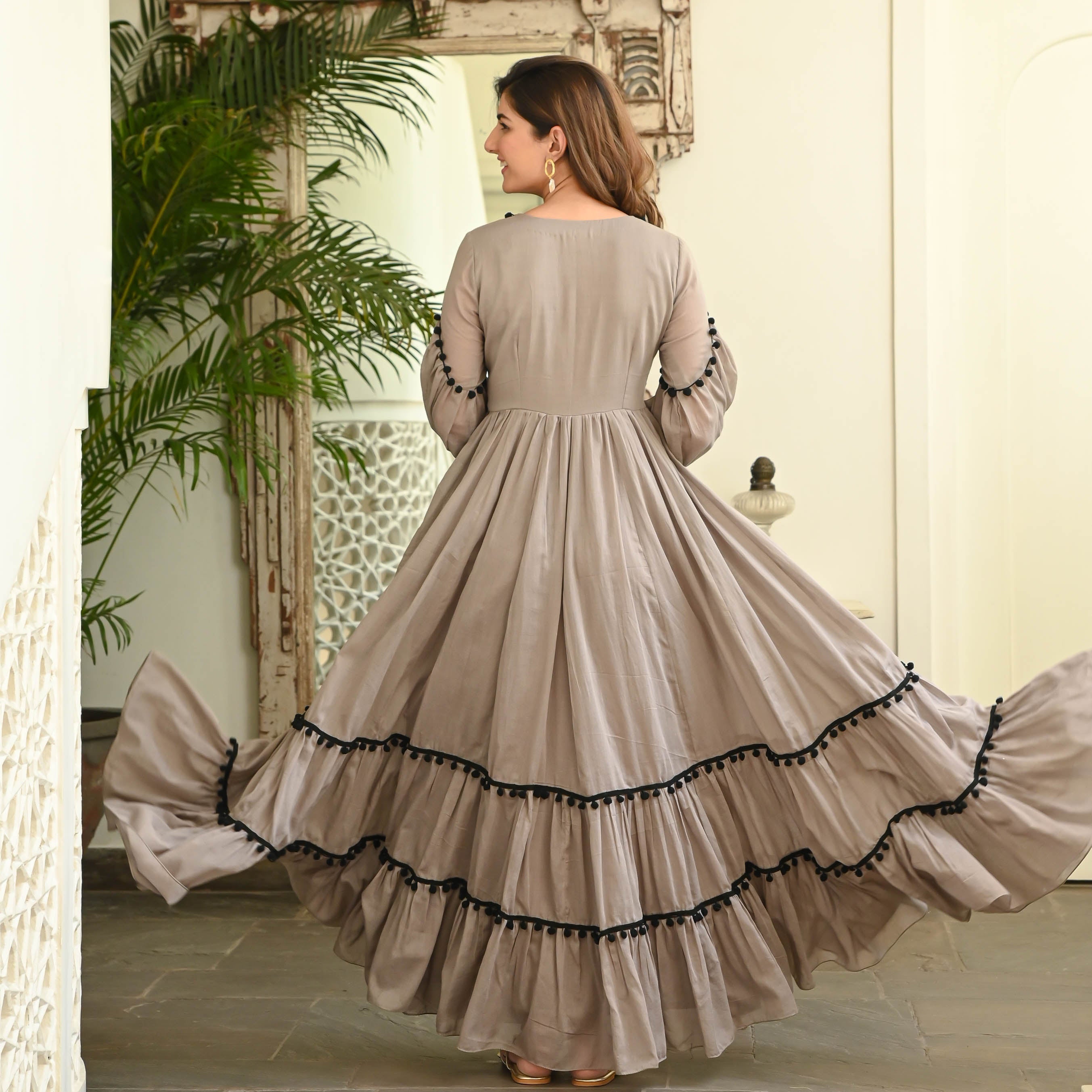 Zehvara | Grey Black Pompom Cotton Dress - FC - 080